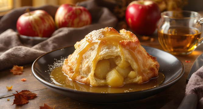 A golden-baked apple dumpling cut open to show warm apple chunks, drizzled with caramel sauce on a dark plate, surrounded by red apples on a rustic table for National Apple Dumpling Day.