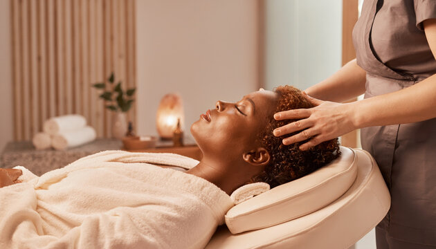 Woman receiving a head massage in a spa setting.