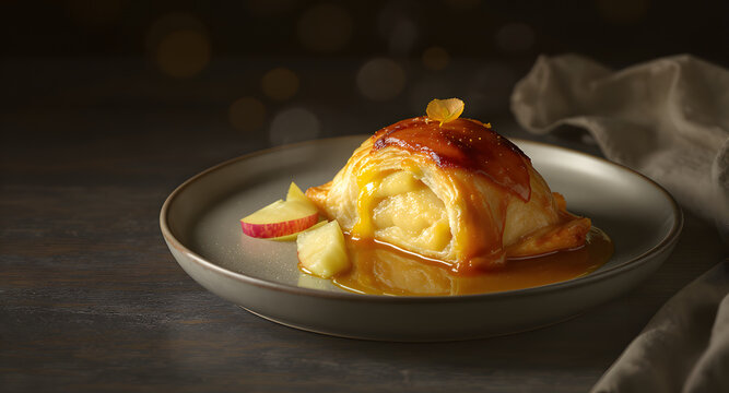 A close-up shot of a freshly baked apple dumpling served on a grey ceramic plate, drizzled with sweet caramel sauce and garnished with apple slices for National Apple Dumpling Day.