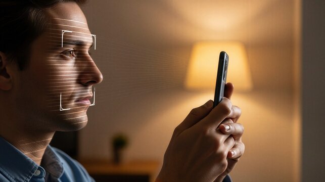 Close-up face identification process with man scanning face using smartphone, biometric verification and digital identity concept with visible scanning light and secure technology interaction