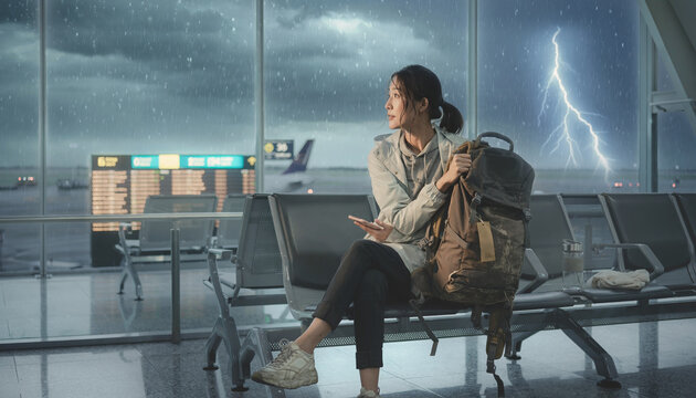 Woman sitting at airport terminal during a thunderstorm outside.