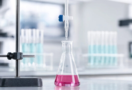 Acid-Base Titration with Phenolphthalein Indicator Showing Pink Solution in Erlenmeyer Flask and Burette in Chemistry Lab