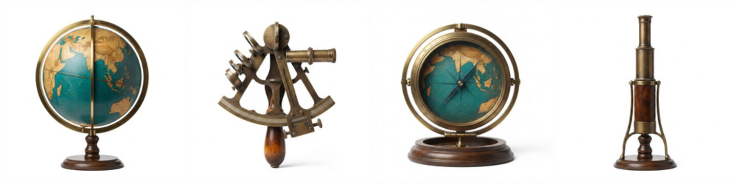Navigation instruments collection with vintage globe sextant compass and antique brass telescope on wooden stands isolated on white background for travel and geography design