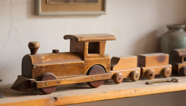 Wooden toy train with a locomotive and carriages on a shelf.