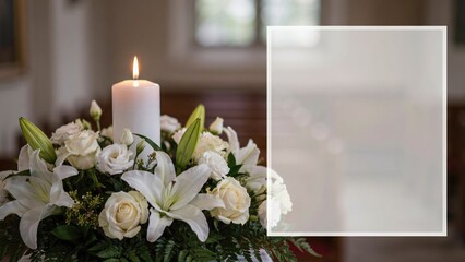 Obraz premium White candle burning in a floral arrangement of lilies and roses