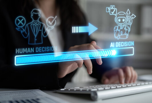 Visual representation of decision-making processes featuring human choices contrasted with AI assistance. Explore technology role in shaping business strategies and future outcomes. Liminal