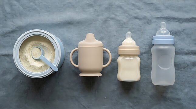 Baby feeding set with formula powder, sippy cup, and baby bottles for infant nutrition and childcare needs presented on grey fabric background.