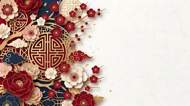 Traditional Chinese paper cut art with red, gold, and blue floral motifs and auspicious cloud patterns, perfect for Lunar New Year celebrations and festive greetings.