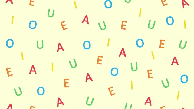 A seamless loop of colorful vowels moving across a light yellow background. Educational animation for alphabet learning, preschool and kids content.