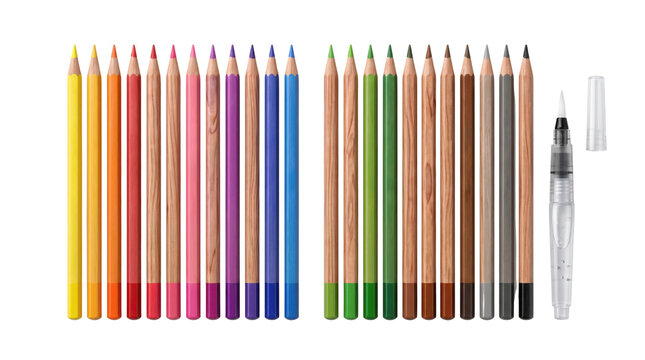 Watercolor colored pencils set of 24 with water brush pen. Rainbow drawing pencils for art and school. Professional artist supplies on white background.