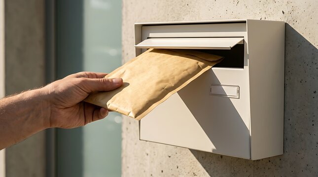 Hand inserts padded envelope into a modern wall mounted mailbox outdoors, representing mail delivery service or postal communication with important documents.