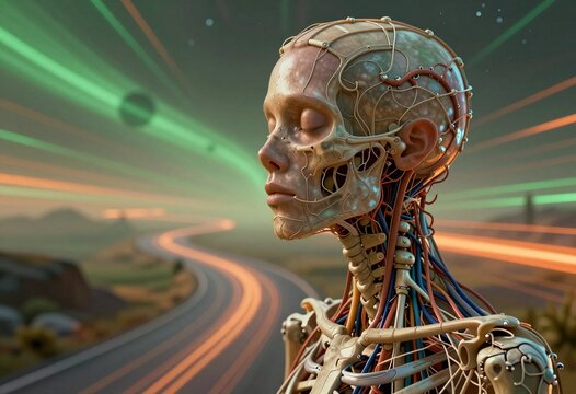Cybernetic Humanoid with Exposed Neural Networks Against Futuristic Landscape