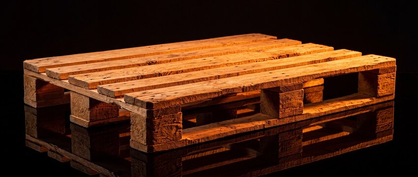 Standard wooden shipping pallet isolated on dark background displaying natural wood texture construction used for logistics warehouse storage and distribution.