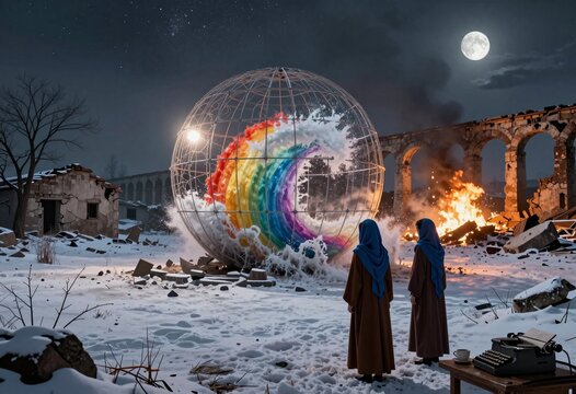 Rainbow Sphere in Post-Apocalyptic Landscape with Two Figures
