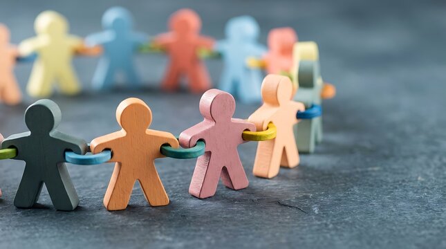 Colorful wooden figures linked together in a circle symbolizing unity diversity community and strong social connections fostering togetherness.