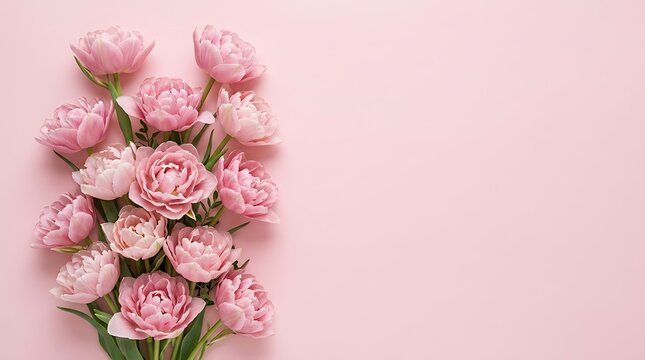 Beautiful bouquet of pink carnation flowers arranged on a soft pastel pink background with copy space