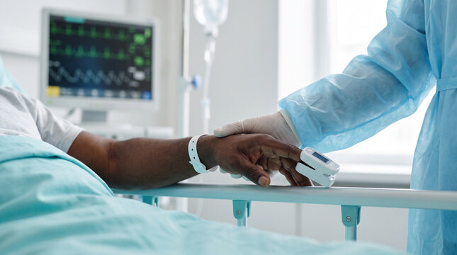 A gloved medical worker checks a pulse oximeter on a bedridden patient's finger with a monitor nearby