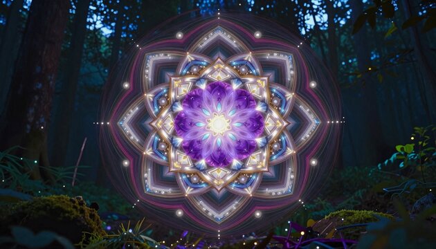Luminescent Mandala in Mystical Nighttime Forest