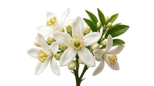 Beautiful white orange blossoms with green leaves isolated on a white background for spring floral design