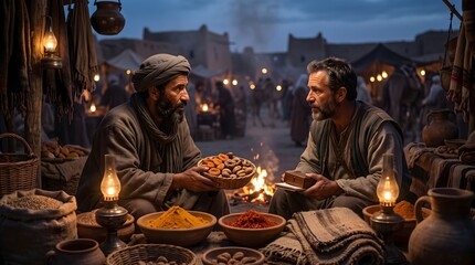 Fototapeta premium Desert merchants negotiating trade of dried fruits and aromatic spices beside campfire in bazaar