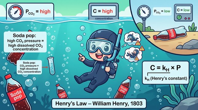 Chibi scientist explaining Henry's Law of gas solubility in a soda pop chemistry diagram