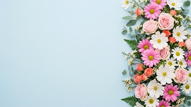 Beautiful floral arrangement of colorful spring flowers on a soft light blue background with copy space