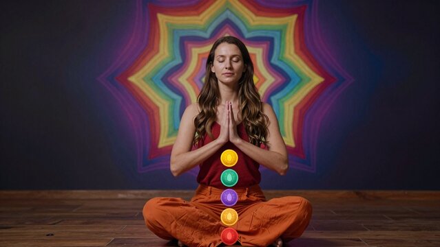 Woman Meditating with Chakra Symbols Against Rainbow Mandala Background