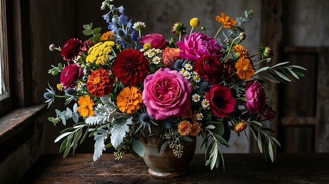 A vibrant and moody floral arrangement featuring colorful roses and wildflowers in a rustic vase on a table