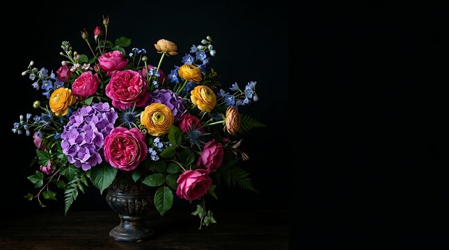 Stunning bouquet of colorful spring flowers in a dark vase isolated on a black background