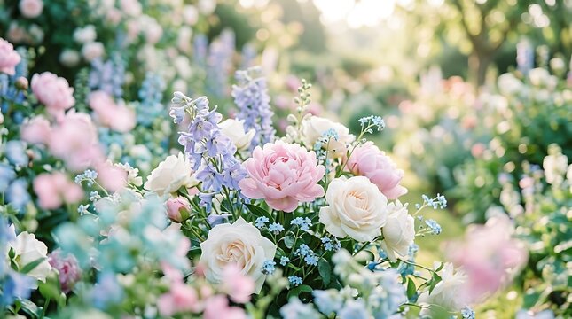 Beautiful soft pastel floral garden with blooming pink roses and blue lavender flowers in the warm sunlight