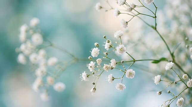 Soft focus macro photography of delicate white gypsophila flowers against a dreamy light blue and white background
