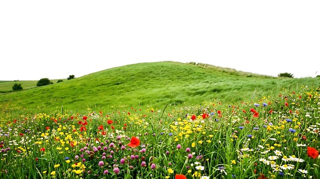 A beautiful vibrant field of colorful wildflowers blooming in front of a gentle green rolling hill landscape