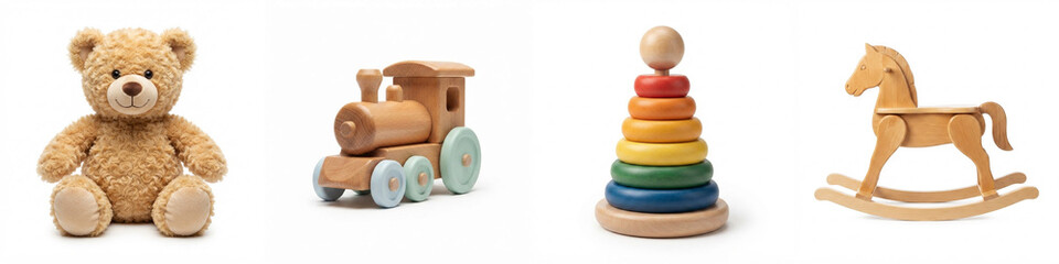 Fototapeta premium Wooden toys and teddy bear collection featuring a train, stacking pyramid, and rocking horse isolated on white background, perfect for nursery, preschool, and child development design