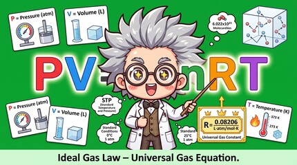 Fototapeta premium Cartoon professor explaining the ideal gas law equation with scientific diagrams.