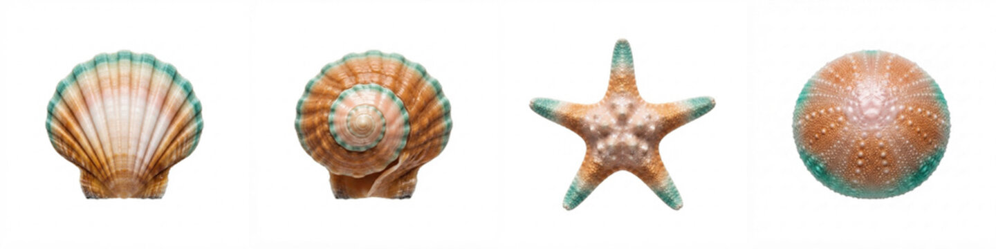 Seashells and starfish marine collection isolated on a white background with sea urchin shell in orange and turquoise colors, ideal for summer vacation and coastal design