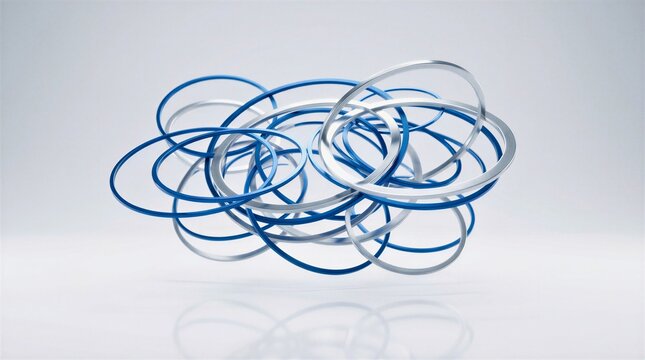 A cluster of thin silver and blue rings of varying sizes, floating and slightly overlapping in mid-air above a glossy white floor, with soft studio lighting and visible floor reflections.