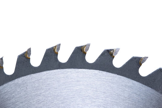 Close up of sharp carbide teeth on a circular saw blade for wood cutting