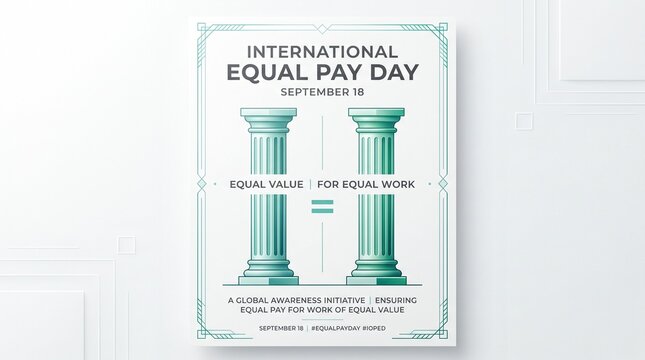 Poster mockup for International Equal Pay Day features two classical columns and an equal sign against a transparent background.