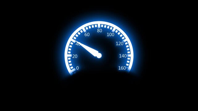 Glowing speedometer dial on a dark background with the needle near low speed animation