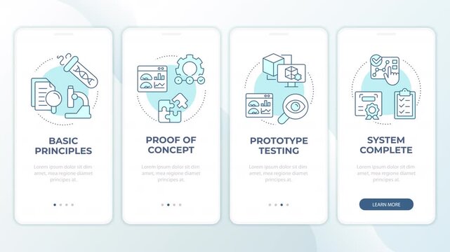 Agile product engineering lifecycle animated mobile app onboarding. Scalable software development. Welcome screen UI. Carousel walkthrough animation with blue monochrome concept icons