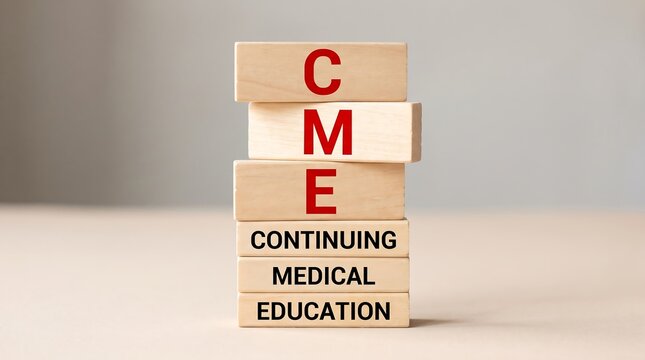 CME Continuing Medical Education acronym on wooden blocks. Professional healthcare training concept. Stacked timber cubes for medical career development.