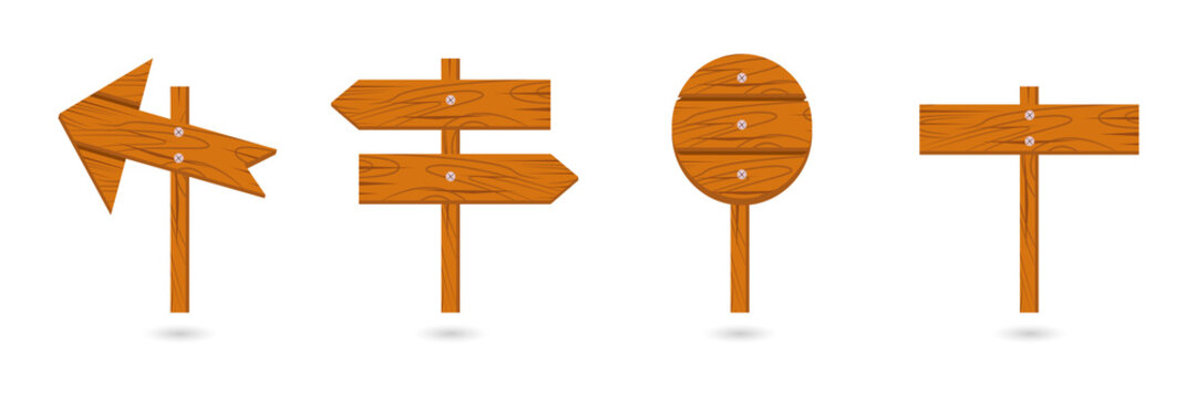 Set of wooden directional signs on transparent background