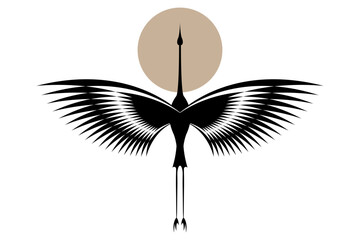 Fototapeta premium stylized heron logo design, Abstract flying bird or stork symbol template with moon, art deco style suitable for your brand, vector illustration isolated on white background