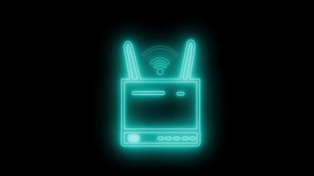 Glowing neon icon of a wifi router with antennas on a black background animation