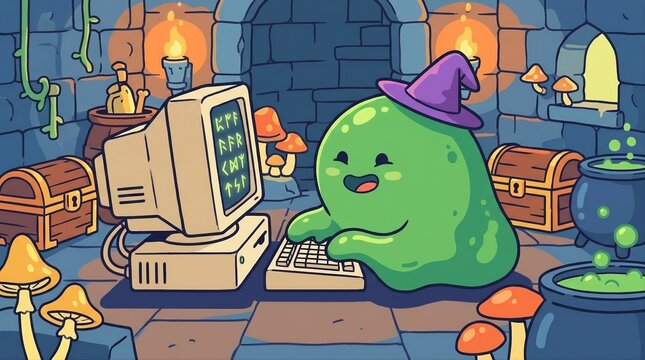 Cute green slime monster wizard using retro computer in magical dungeon laboratory, 2D cartoon card game asset