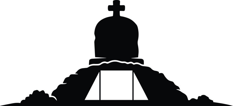 Tombstone with open grave silhouette vector illustration for graveyard and halloween spooky graveyard design concepts