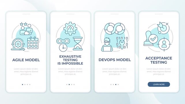 Agile software engineering animated mobile app onboarding. Modern software testing paradigms. Quality assurance. Welcome screen UI. Carousel walkthrough animation with blue monochrome concept icons