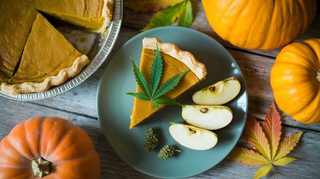 A slice of delicious homemade pumpkin pie served on a plate with fresh apple slices and pumpkins