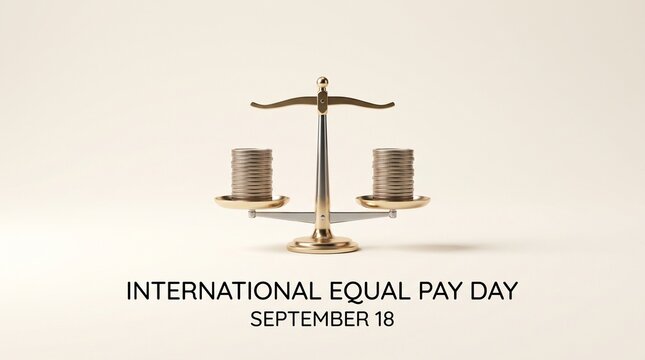 Balanced scales with coins representing international equal pay day