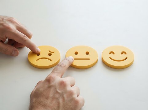 Hand selecting smiley face emotion icons